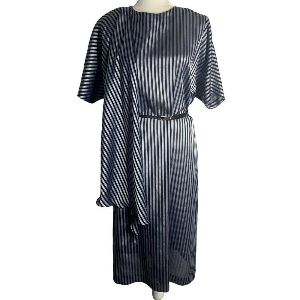 Vintage 80s Slightly Sheer Midi Dress M Blue Stripe Dolman Sleeve Side Ruffle